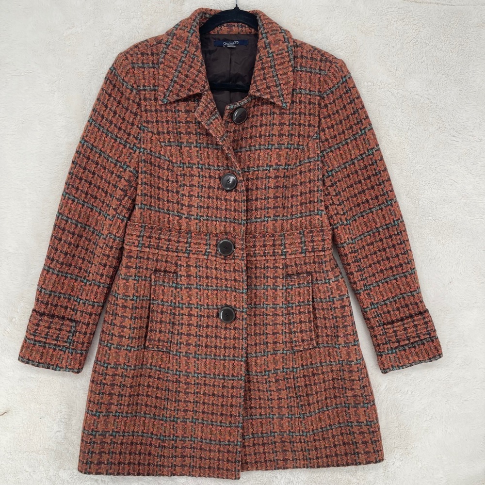 Chadwicks Womens Rust Orange Plaid Wool Blend Pea Coat Jacket Size 8 Mid Length